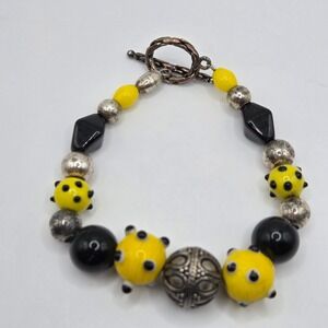 Yellow Black Lampwork Glass Bead Bracelet Toggle Clasp 8.75" Silver Tone